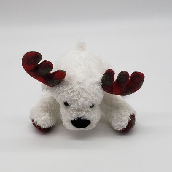 White Holiday Christmas Moose Stuffed Animal with Red Plaid Antlers Plush - Picture 2 of 6